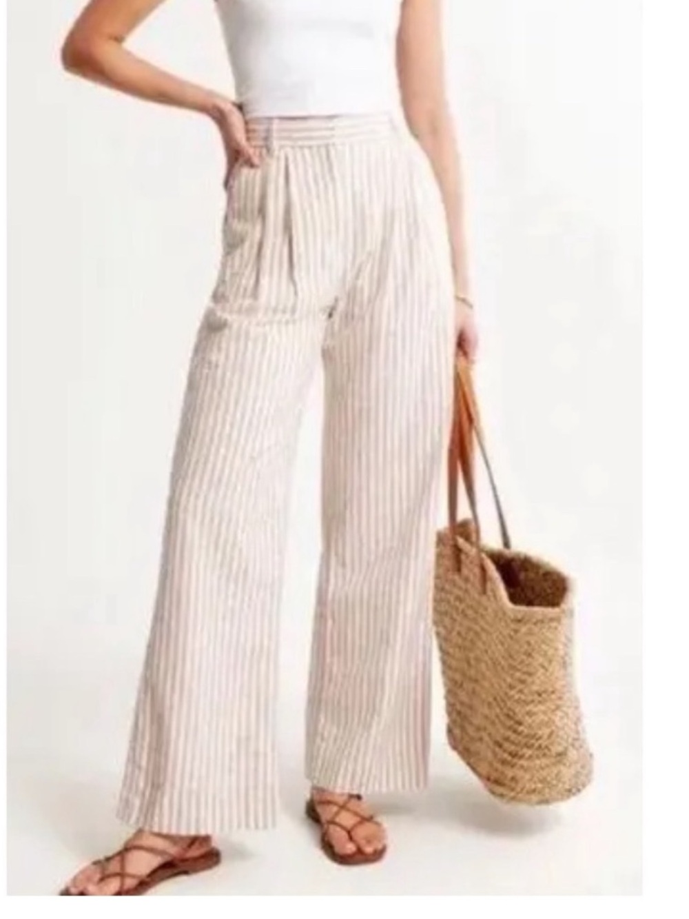 Abercrombie & Fitch Striped Linen High Rise Pleated Wide Crop Pants Tan Medium